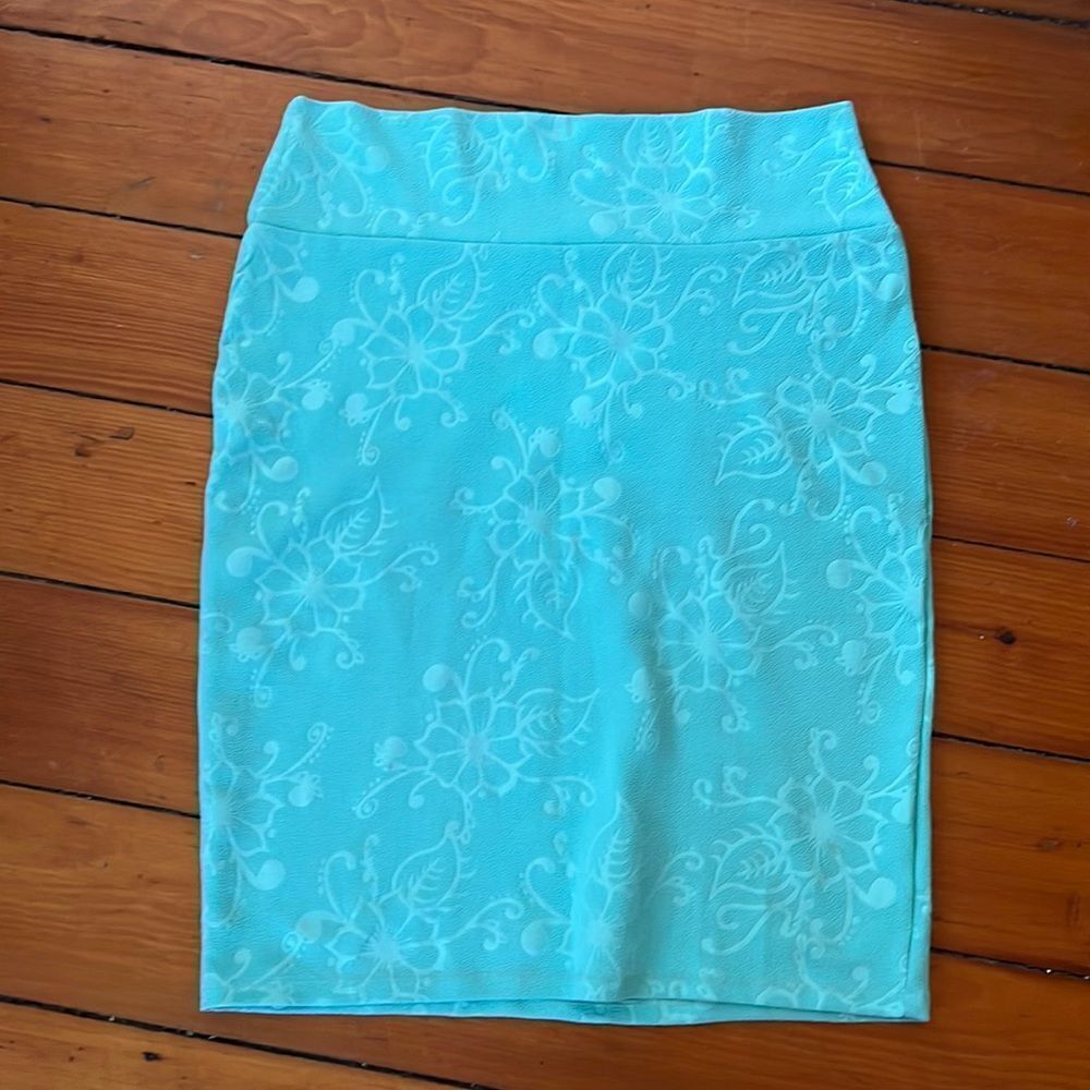 Lularoe Sz L *Tiffany Blue* Floral Textured Turquoise Stretch Pencil Skirt EUC